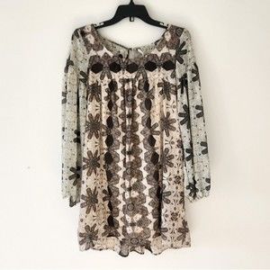 Free People Dress Geometric Print Flowy Shift Dress Long Sleeve Cream XS